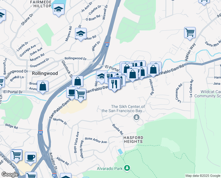 map of restaurants, bars, coffee shops, grocery stores, and more near 3548 San Pablo Dam Road in El Sobrante