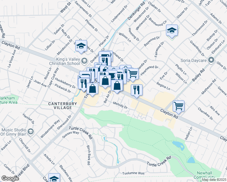 map of restaurants, bars, coffee shops, grocery stores, and more near 4340 Clayton Road in Concord