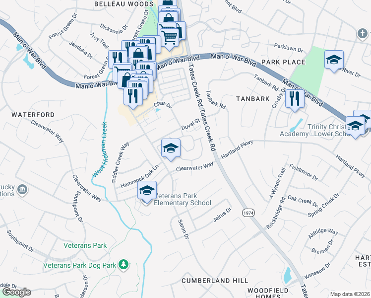 map of restaurants, bars, coffee shops, grocery stores, and more near 4390 Clearwater Way in Lexington