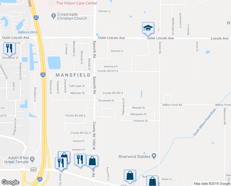 map of restaurants, bars, coffee shops, grocery stores, and more near 10333 County Road 492 South in Newburgh