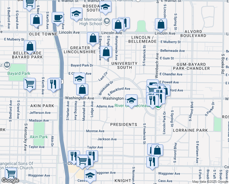map of restaurants, bars, coffee shops, grocery stores, and more near 1625b East Blackford Avenue in Evansville