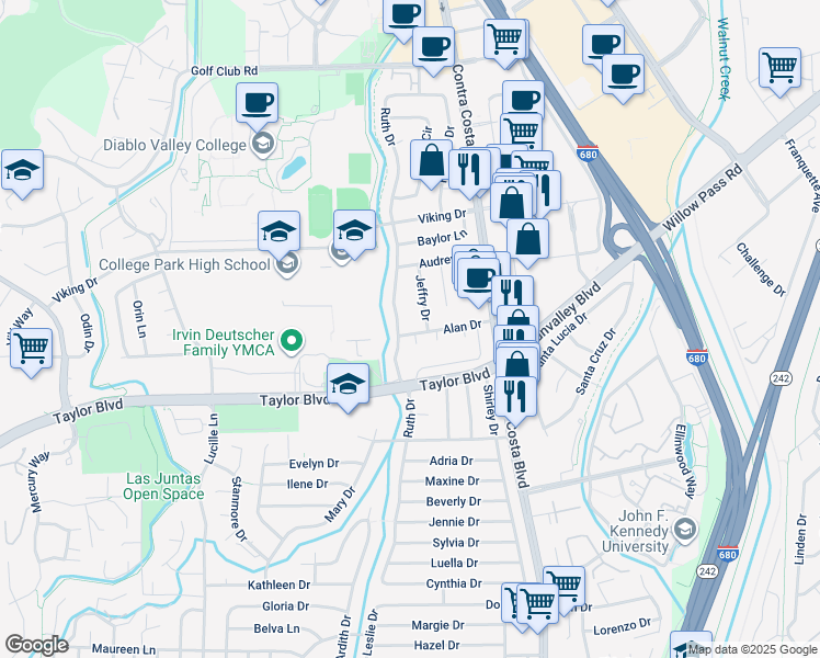 map of restaurants, bars, coffee shops, grocery stores, and more near 90 Alan Drive in Pleasant Hill