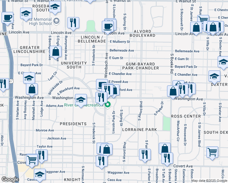 map of restaurants, bars, coffee shops, grocery stores, and more near 2027 East Blackford Avenue in Evansville