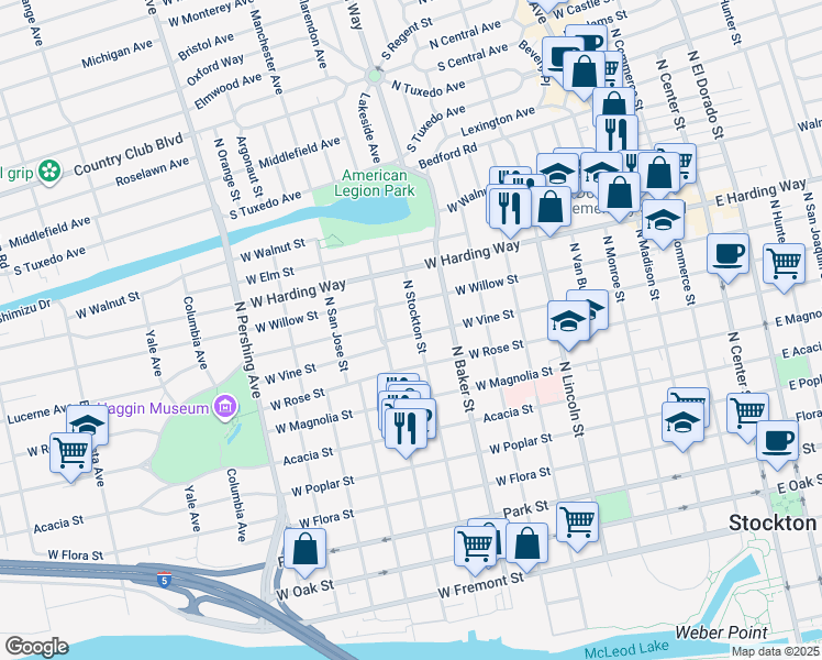 map of restaurants, bars, coffee shops, grocery stores, and more near 1301 North Stockton Street in Stockton