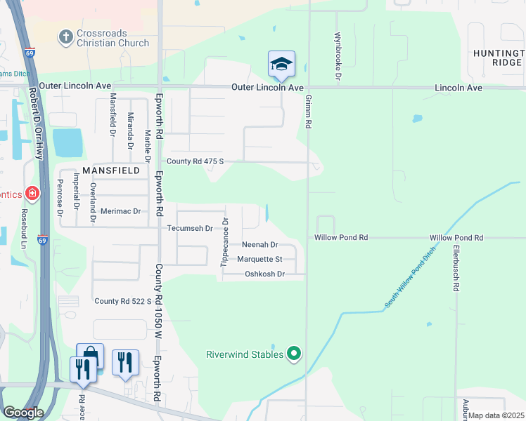 map of restaurants, bars, coffee shops, grocery stores, and more near 4900 Eau Claire Lane in Newburgh