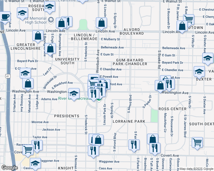 map of restaurants, bars, coffee shops, grocery stores, and more near 2027 East Blackford Avenue in Evansville