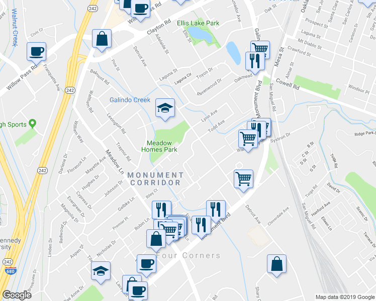 map of restaurants, bars, coffee shops, grocery stores, and more near 1285 Pine Creek Way in Concord