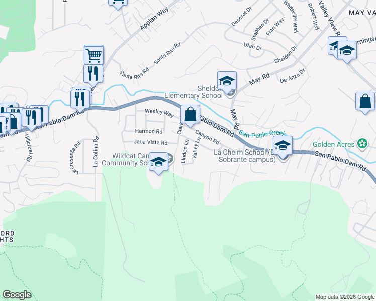 map of restaurants, bars, coffee shops, grocery stores, and more near 3872 Linden Lane in El Sobrante