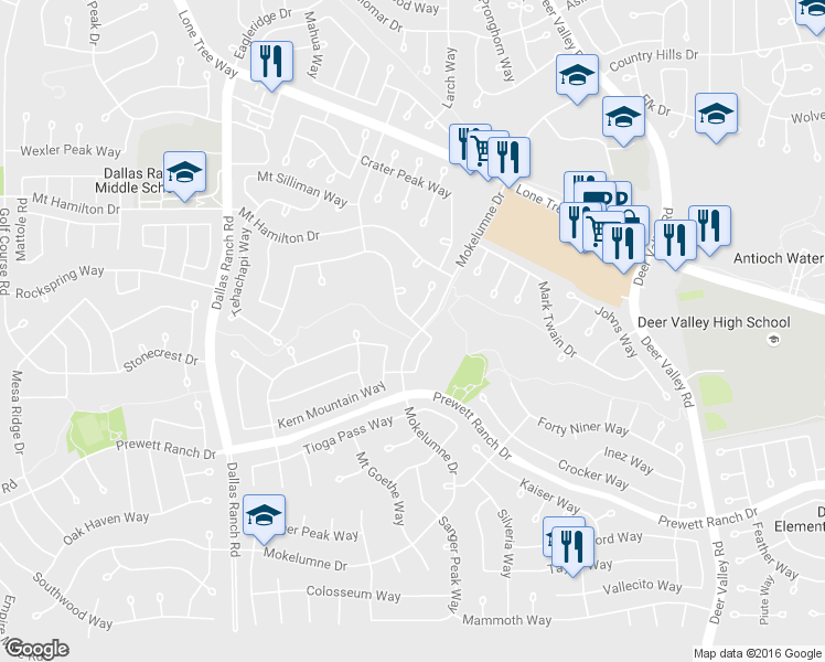 map of restaurants, bars, coffee shops, grocery stores, and more near 1966 Badger Pass Way in Antioch