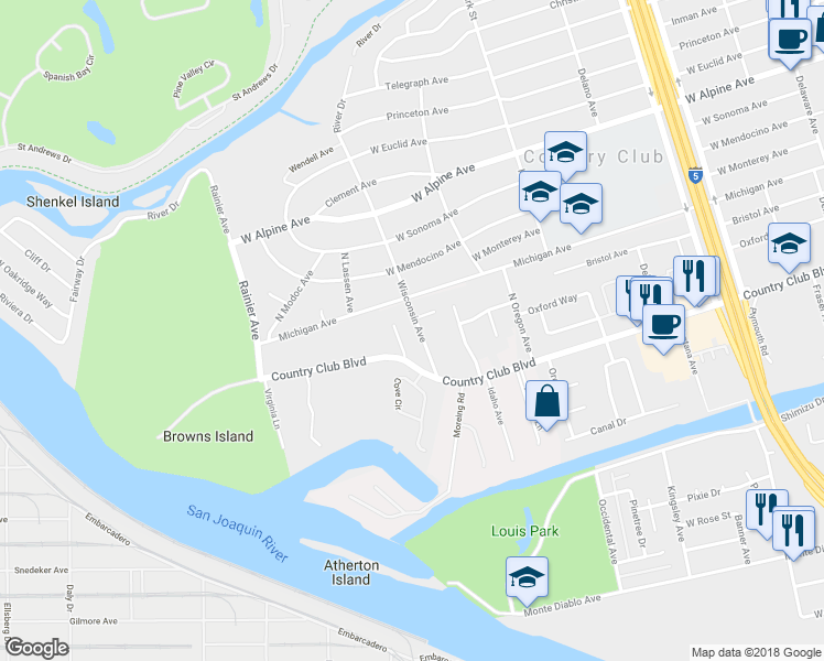 map of restaurants, bars, coffee shops, grocery stores, and more near 2705 Wisconsin Avenue in Stockton