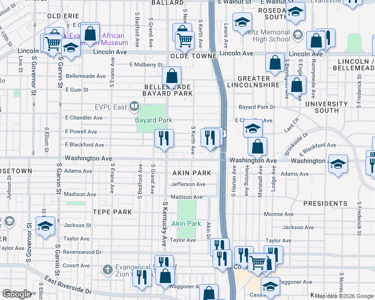 map of restaurants, bars, coffee shops, grocery stores, and more near 1037 East Blackford Avenue in Evansville