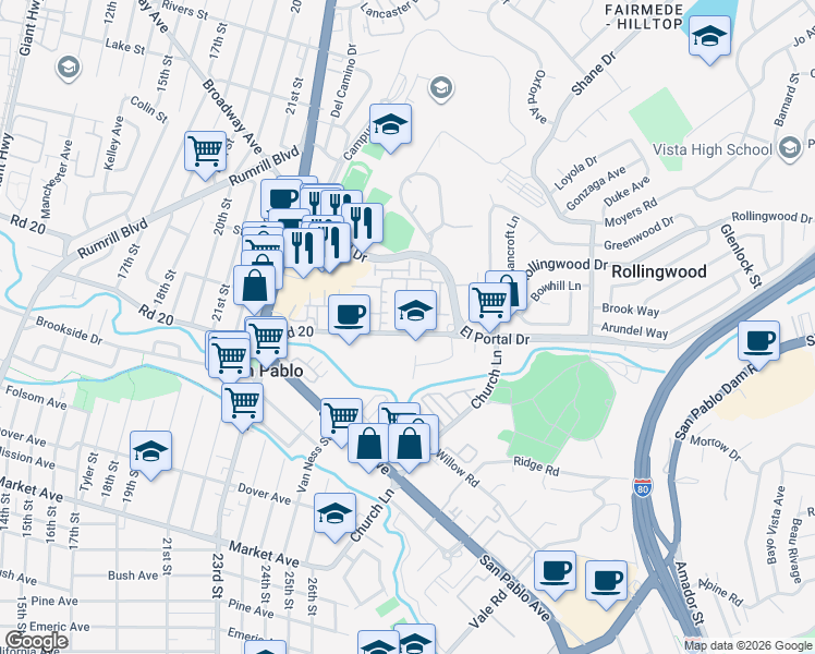 map of restaurants, bars, coffee shops, grocery stores, and more near 119 San Pedro Street in San Pablo