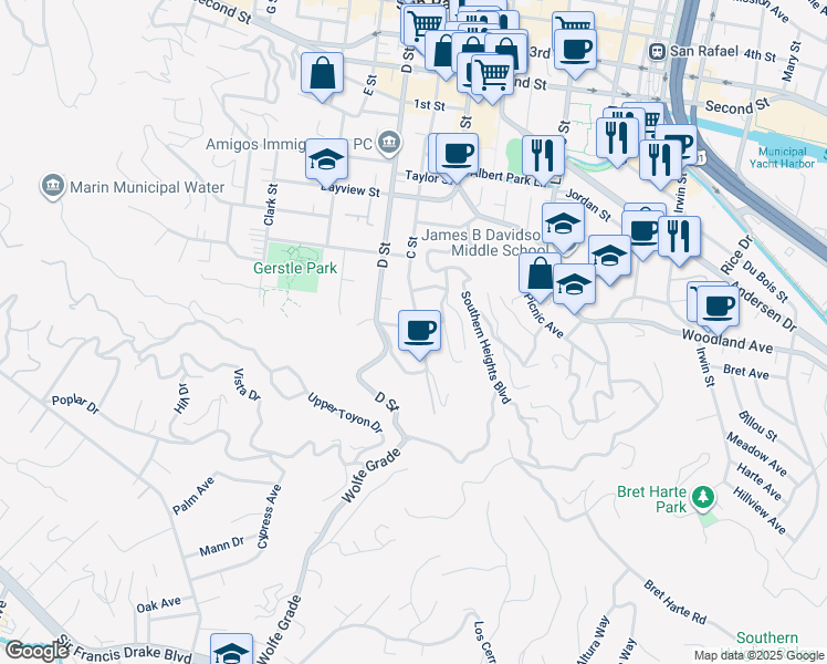 map of restaurants, bars, coffee shops, grocery stores, and more near 129 C Street in San Rafael