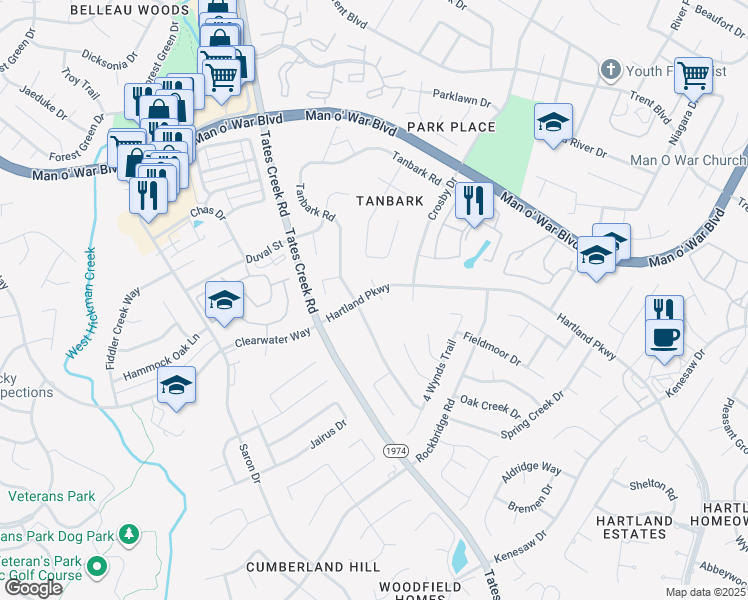 map of restaurants, bars, coffee shops, grocery stores, and more near 4437 Hartland Parkway in Lexington