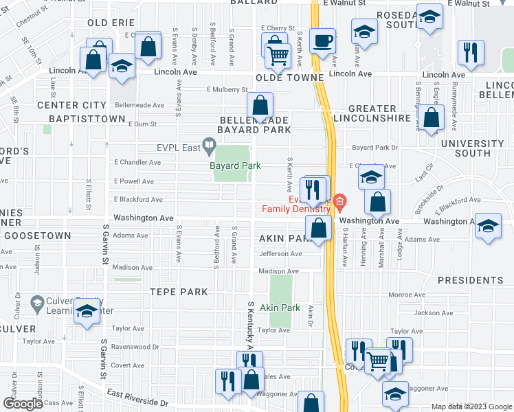 map of restaurants, bars, coffee shops, grocery stores, and more near 1003 E Blackford Ave in Evansville