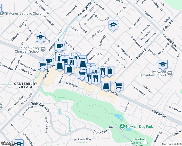 map of restaurants, bars, coffee shops, grocery stores, and more near 1522 Thornwood Drive in Concord