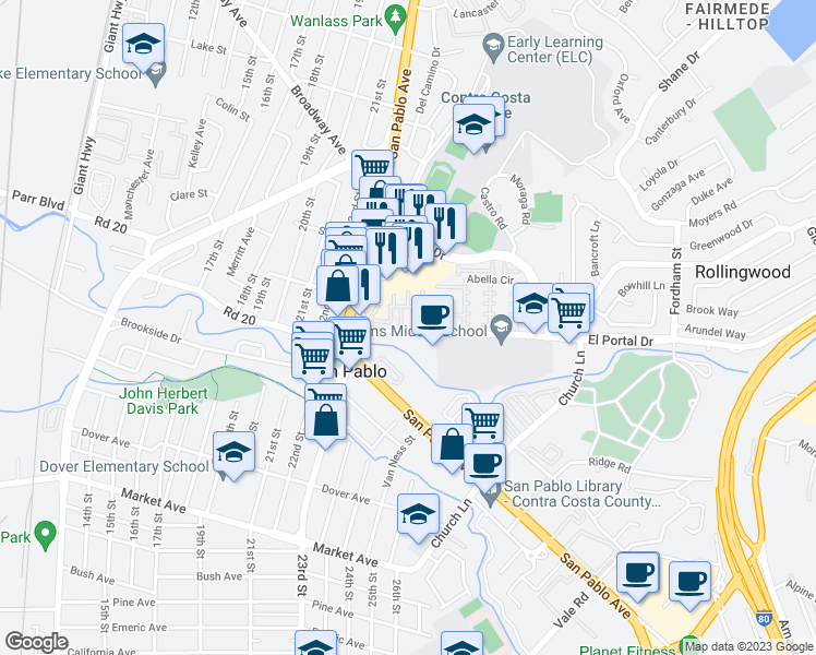 map of restaurants, bars, coffee shops, grocery stores, and more near 102 Del Alba Street in San Pablo