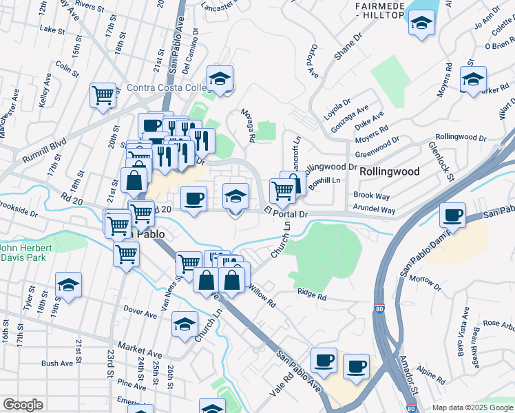 map of restaurants, bars, coffee shops, grocery stores, and more near 2601 Road 20 in San Pablo