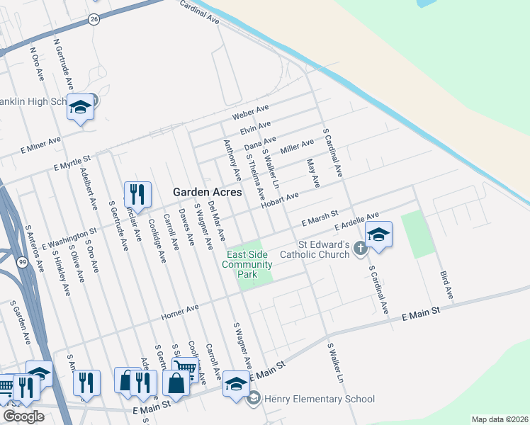 map of restaurants, bars, coffee shops, grocery stores, and more near 315 South Thelma Avenue in Stockton
