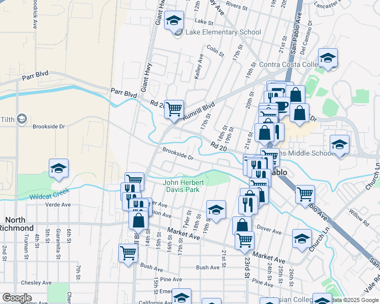 map of restaurants, bars, coffee shops, grocery stores, and more near 2205 Brookhaven Court in San Pablo