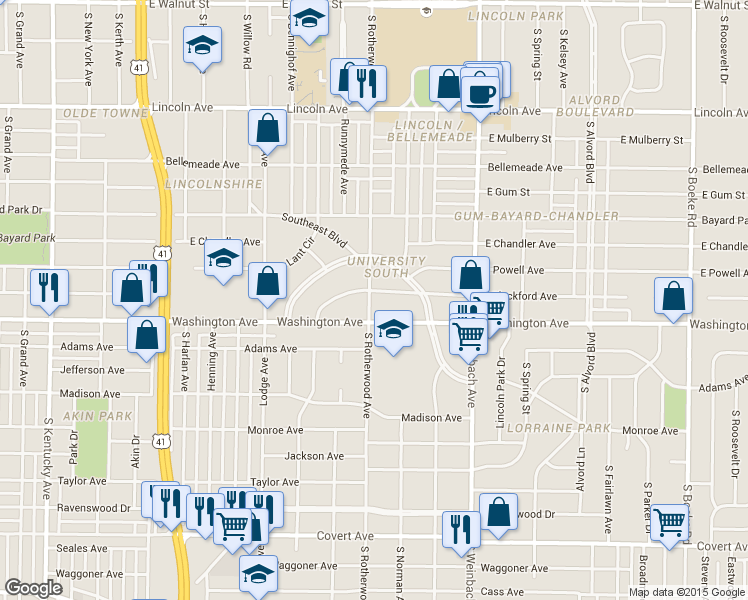 map of restaurants, bars, coffee shops, grocery stores, and more near 950 South Rotherwood Avenue in Evansville