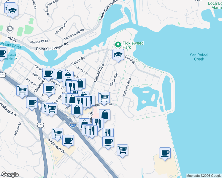 map of restaurants, bars, coffee shops, grocery stores, and more near 16 Isla Vista Lane in San Rafael
