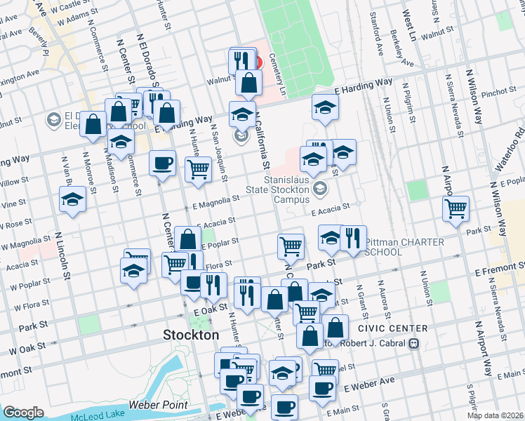 map of restaurants, bars, coffee shops, grocery stores, and more near 1018 North Sutter Street in Stockton