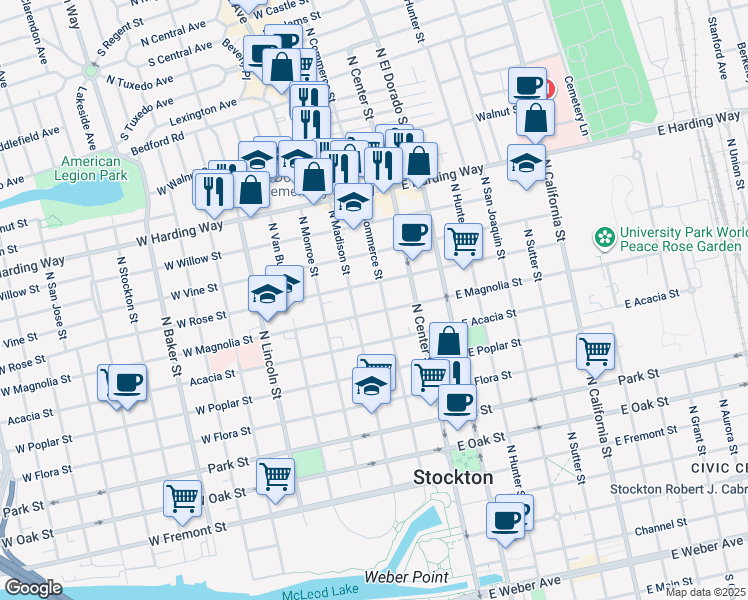 map of restaurants, bars, coffee shops, grocery stores, and more near 1123 North Commerce Street in Stockton