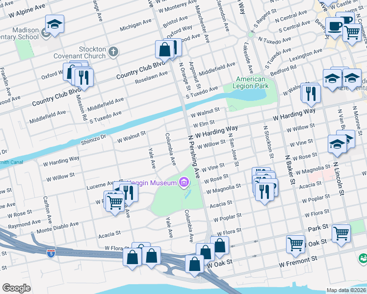 map of restaurants, bars, coffee shops, grocery stores, and more near 1427 West Willow Street in Stockton
