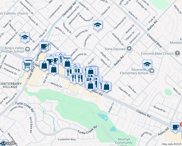 map of restaurants, bars, coffee shops, grocery stores, and more near 4655 East Rishell Court in Concord