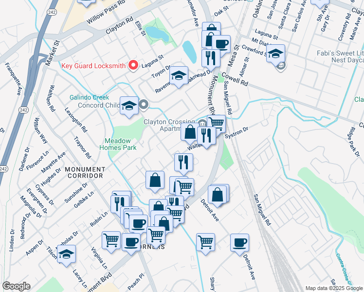 map of restaurants, bars, coffee shops, grocery stores, and more near 2525 Walters Way in Concord