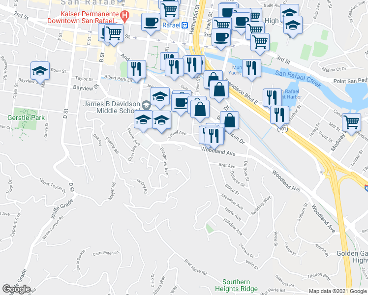 map of restaurants, bars, coffee shops, grocery stores, and more near 157 Woodland Avenue in San Rafael