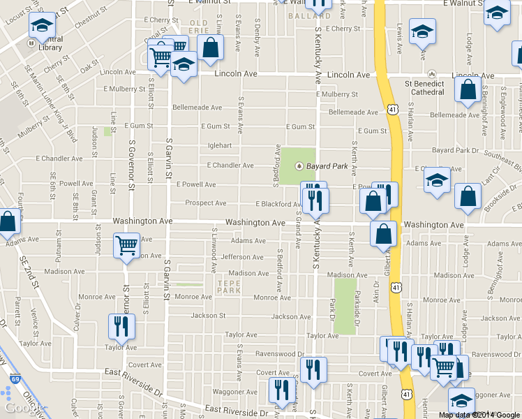 map of restaurants, bars, coffee shops, grocery stores, and more near 833 East Blackford Avenue in Evansville