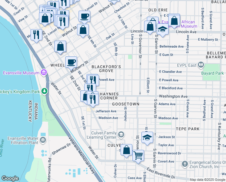 map of restaurants, bars, coffee shops, grocery stores, and more near 932 Southeast 8th Street in Evansville