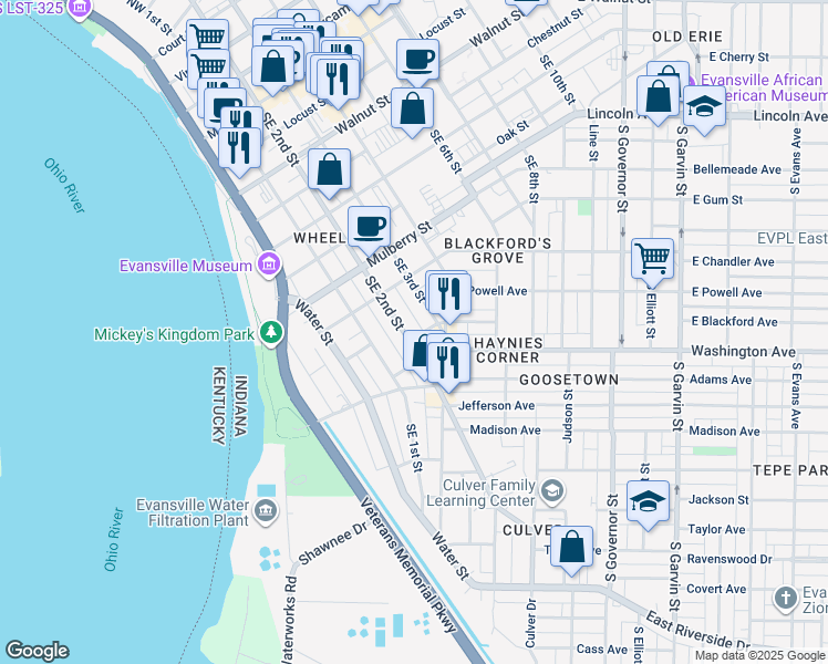 map of restaurants, bars, coffee shops, grocery stores, and more near 814 Southeast 2nd Street in Evansville