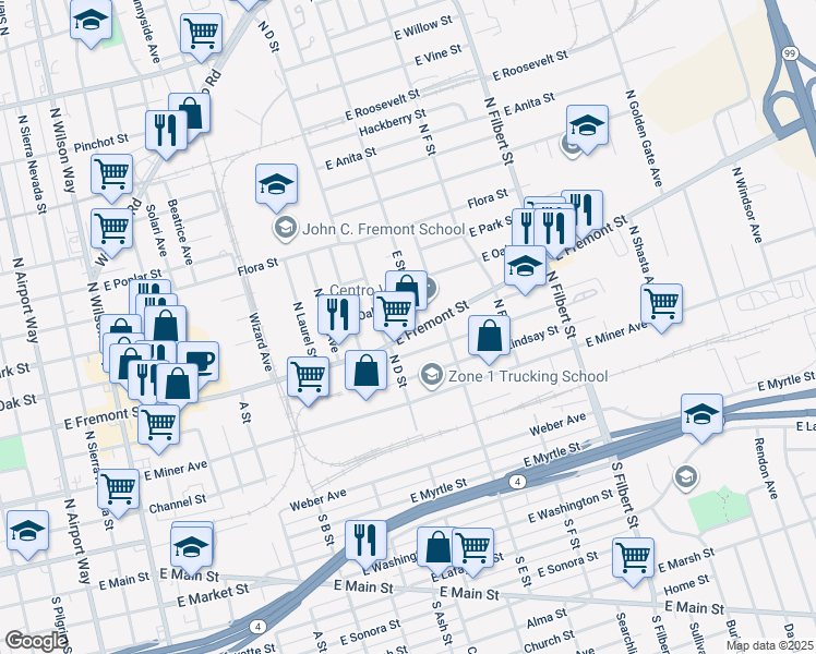 map of restaurants, bars, coffee shops, grocery stores, and more near 2285 East Fremont Street in Stockton