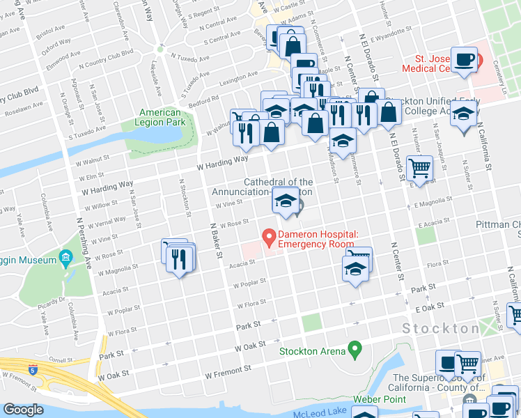 map of restaurants, bars, coffee shops, grocery stores, and more near 1220 North Harrison Street in Stockton