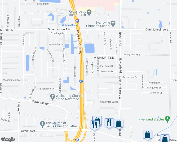 map of restaurants, bars, coffee shops, grocery stores, and more near 4920 Penrose Drive in Newburgh