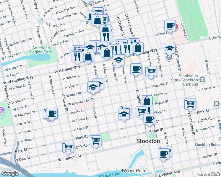 map of restaurants, bars, coffee shops, grocery stores, and more near 220 West Rose Street in Stockton