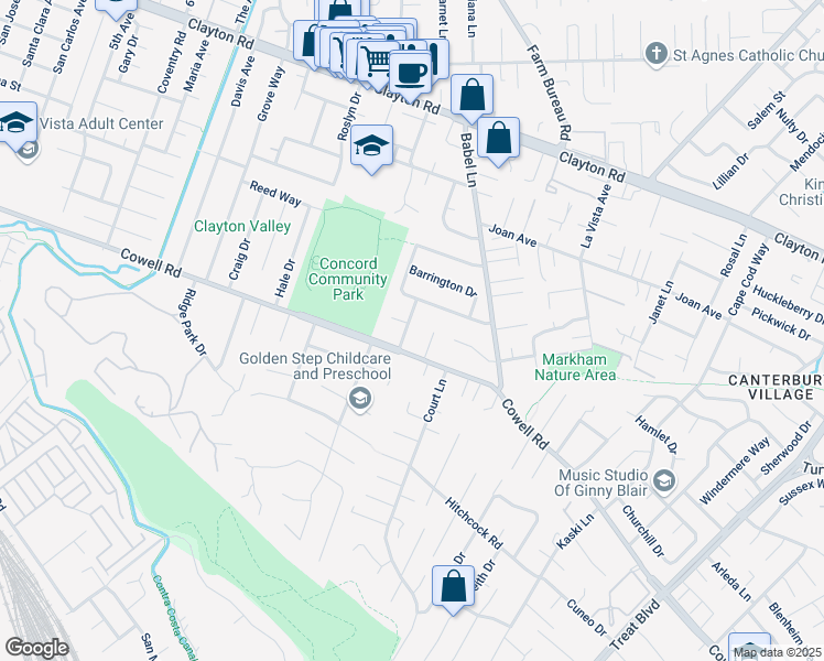 map of restaurants, bars, coffee shops, grocery stores, and more near 1212 Sheridan Road in Concord