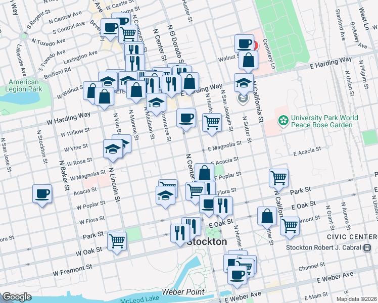 map of restaurants, bars, coffee shops, grocery stores, and more near 11 West Magnolia Street in Stockton