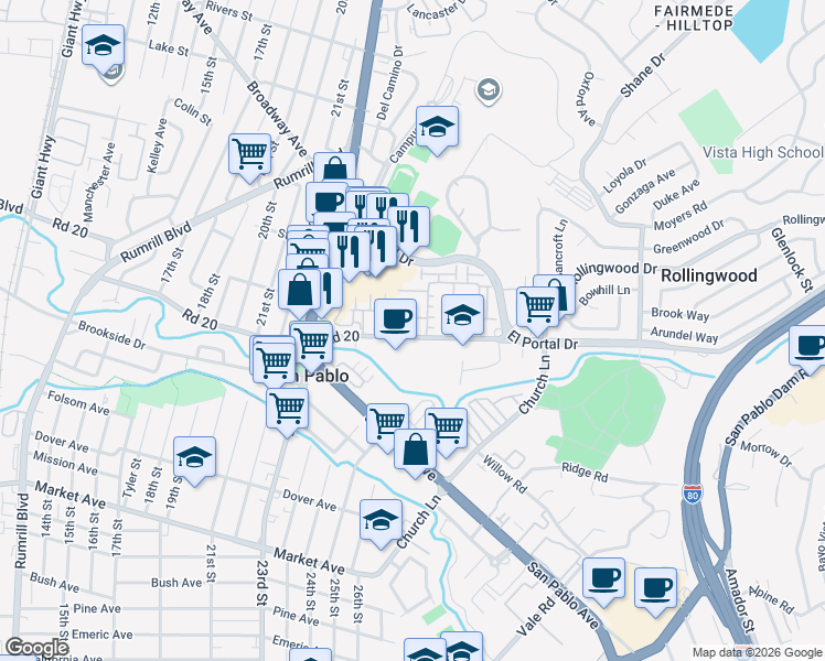map of restaurants, bars, coffee shops, grocery stores, and more near 118 Carmel Street in San Pablo