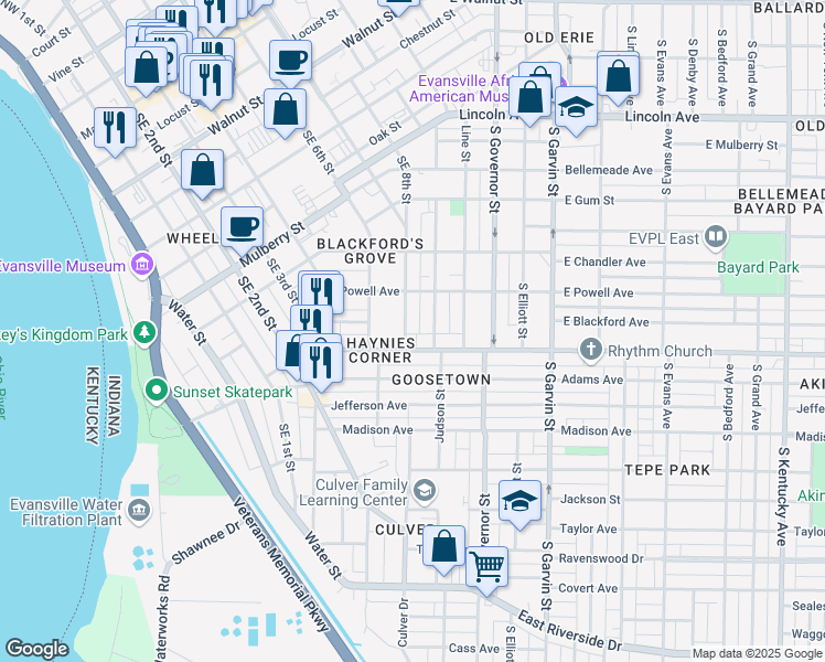 map of restaurants, bars, coffee shops, grocery stores, and more near 932 Southeast 8th Street in Evansville