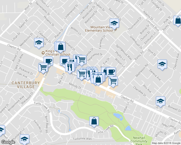 map of restaurants, bars, coffee shops, grocery stores, and more near 1522 Thornwood Drive in Concord