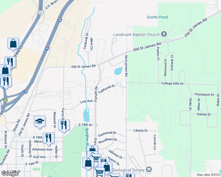 map of restaurants, bars, coffee shops, grocery stores, and more near 1320 California Drive in Rolla