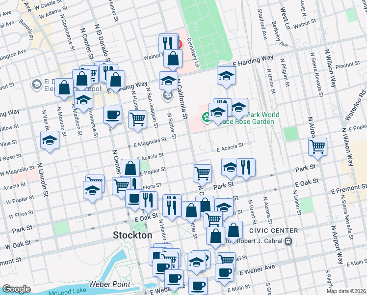 map of restaurants, bars, coffee shops, grocery stores, and more near 1018 North Sutter Street in Stockton