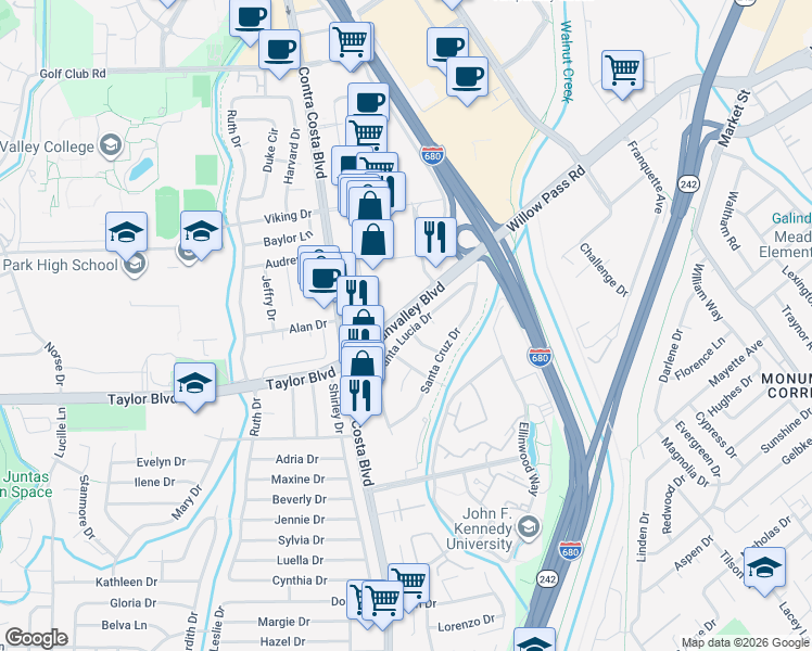map of restaurants, bars, coffee shops, grocery stores, and more near 968 Santa Lucia Drive in Pleasant Hill