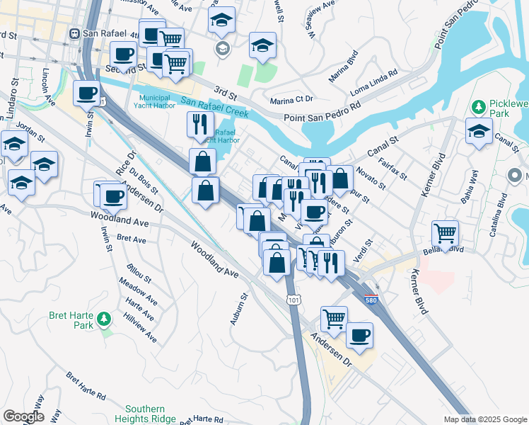 map of restaurants, bars, coffee shops, grocery stores, and more near 722 Francisco Boulevard East in San Rafael