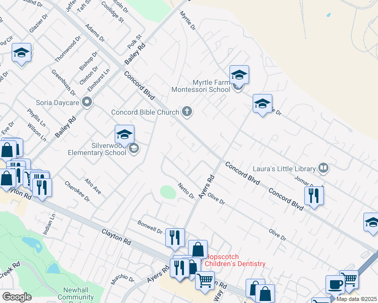 map of restaurants, bars, coffee shops, grocery stores, and more near 4990 Hames Drive in Concord