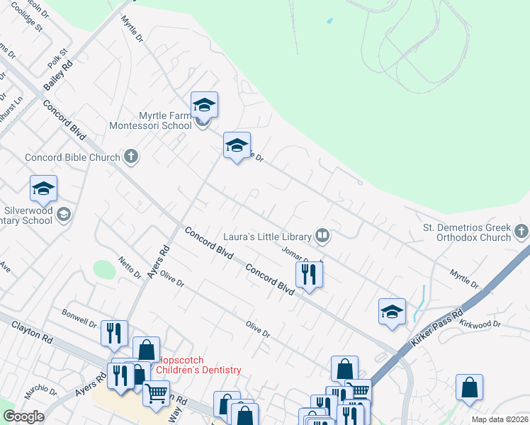 map of restaurants, bars, coffee shops, grocery stores, and more near 303 Emmet Place in Concord